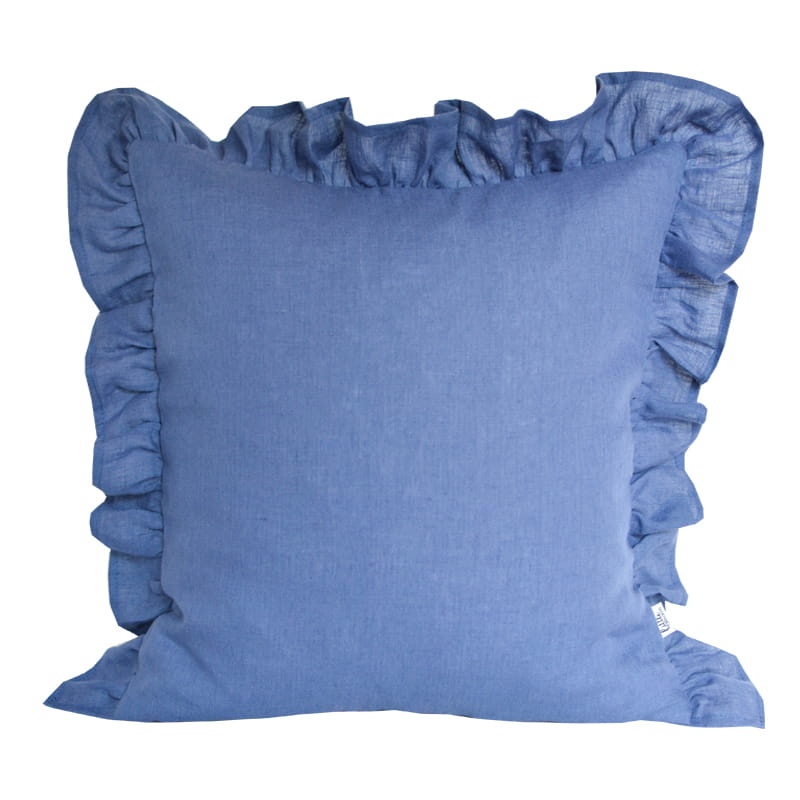 Lniana, niebieska poszewka z falbanką