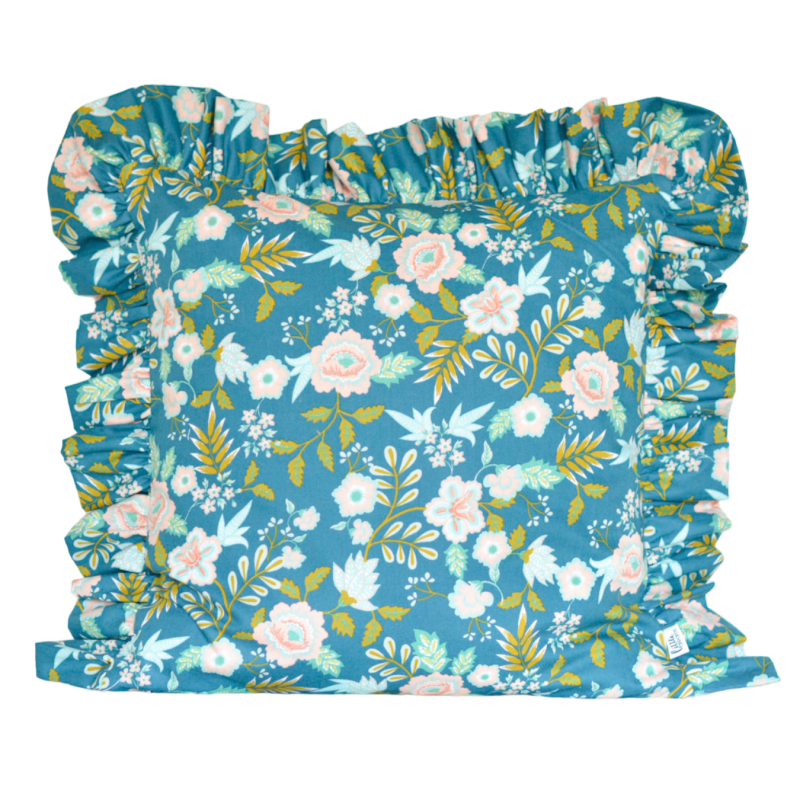 Bawełniana poszewka w kwiaty z falbanką - turkusowa
